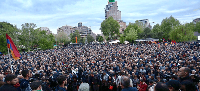 Protest against Armenia's ruling Republican party's nomination of former President Serzh Sarksyan as its candidate for prime minister, in Yerevan, Armenia April 13, 2018.