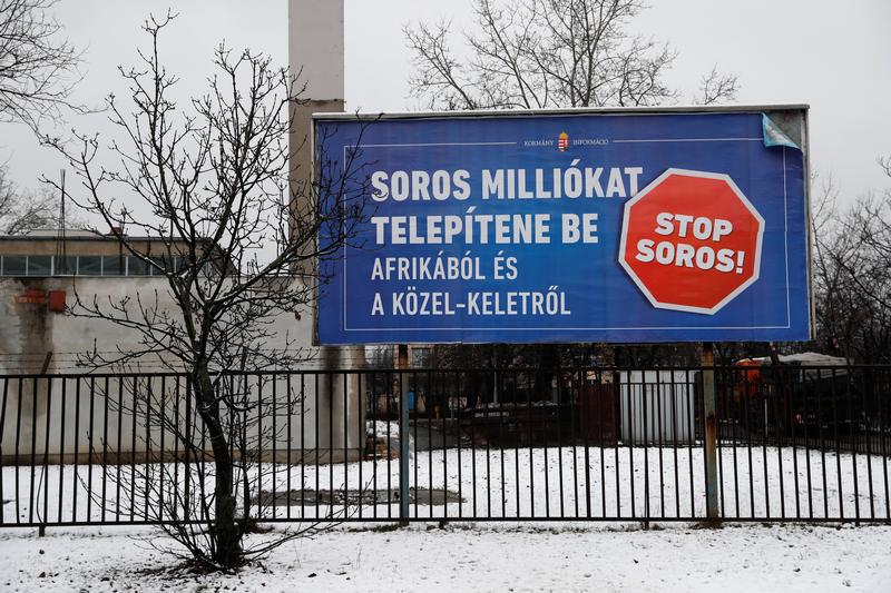 A government billboard is seen in Budapest, Hungary, February 14, 2018. The billboard reads: 'Soros wants to transplant millions from Africa and the Middle East'.