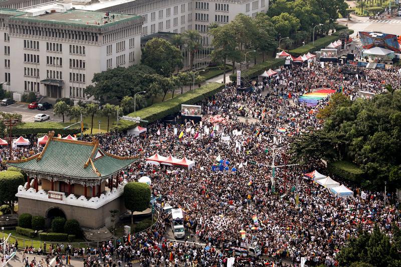 Participants hold rainbow flags at LGBT Pride Parade in Taipei, Taiwan on October 28, 2017. 