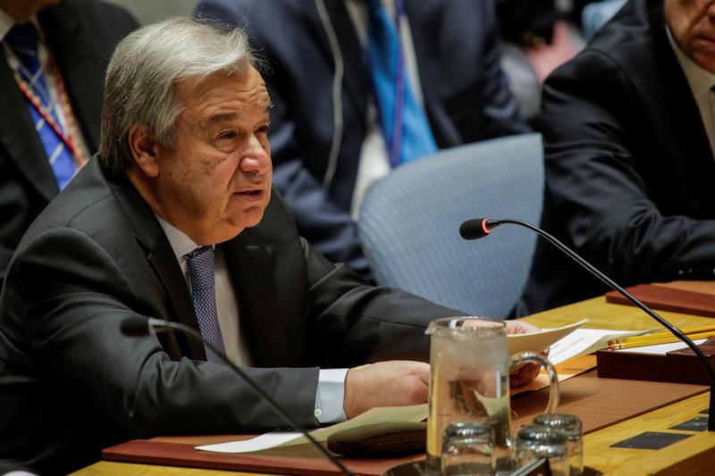 United Nations Secretary-General Antonio Guterres speaks during the United Nations Security Council meeting on Syria at the U.N. headquarters in New York, U.S, April 13.