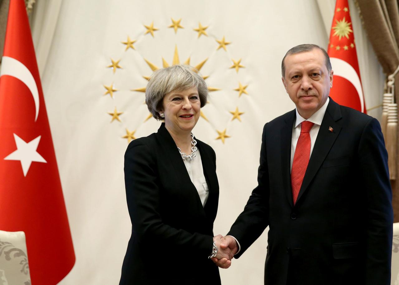 Turkish President Tayyip Erdogan meets with Britain's Prime Minister Theresa May at the Presidential Palace in Ankara, Turkey, January 28, 2017.