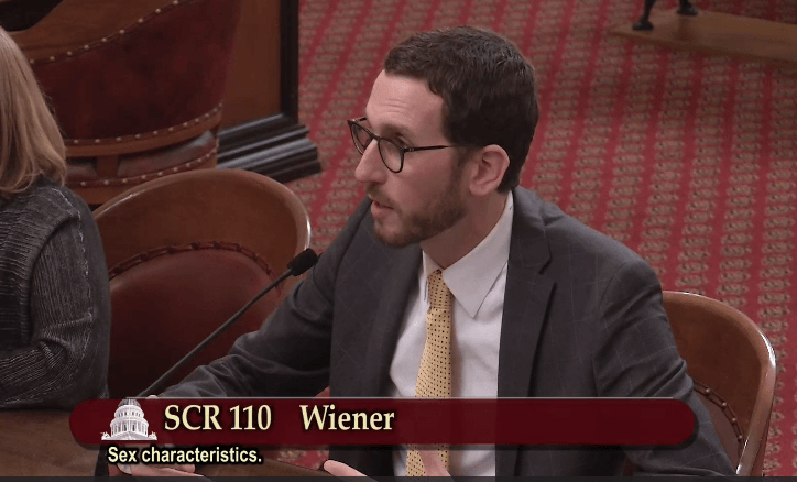 Senator Scott Wiener, who introduced Senate Concurrent Resolution 110, testifying before the California Senate Judiciary Committee on May 1, 2018. 