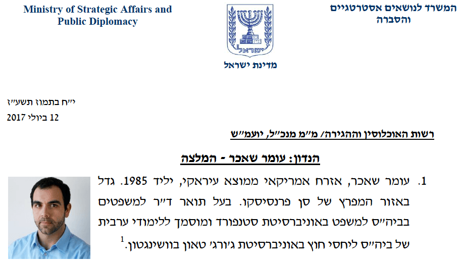 La première page du dossier constitué par le ministre israélien des Affaires stratégiques et de la Diplomatie publique au sujet d'Omar Shakir, chercheur de Human Rights Watch, pour justifier son expulsion d'Israël en mai 2018.
