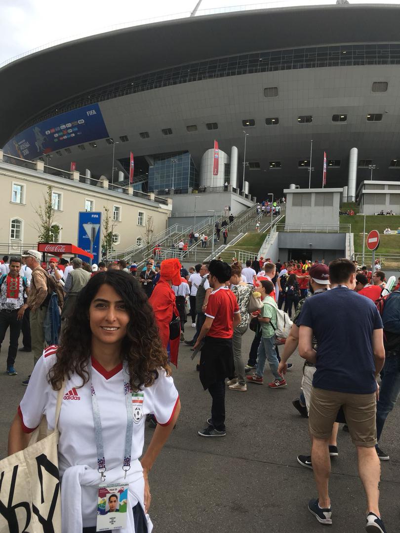 Human Rights Watch researcher, Tara Sepehri Far, stands in front of St. Petersburg stadium before Iran-Morocco match during the Russia 2018 FIFA World Cup. © 2018 Private