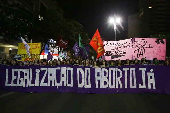 Activists demonstrate in Sao Paulo, Brazil, on July 19, 2018 in favor of abortion legalization.