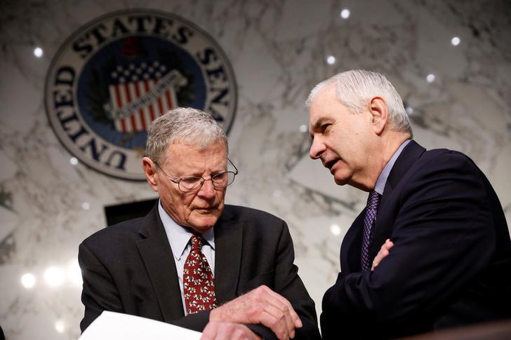 Sen. Jim Inhofe (R-OK) and Sen. Jack Reed (D-RI) during a March 13, 2018 hearing of the Senate Armed Services Committee in Washington. Senators Inhofe and Reed, along with Senate and House leaders, will decide in coming weeks whether to insert legislation
