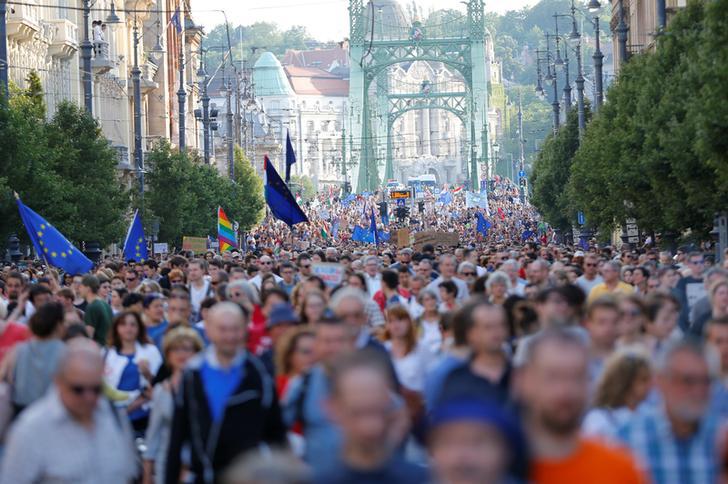 Protesters attend a rally against Hungarian government's clampdown on a top foreign university and non-government organisations in Budapest, Hungary, May 21, 2017.