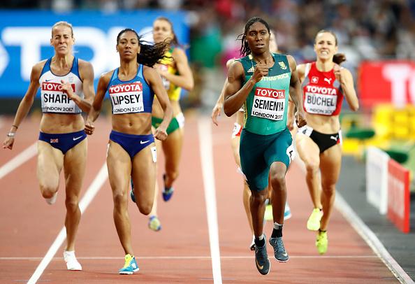 Caster Semenya of South Africa, Charlene Lipsey of the united States and Lynsey Sharp of Great Britain compete in the Women's 800 metres semi finals during day eight of the 16th IAAF World Athletics Championships London 2017