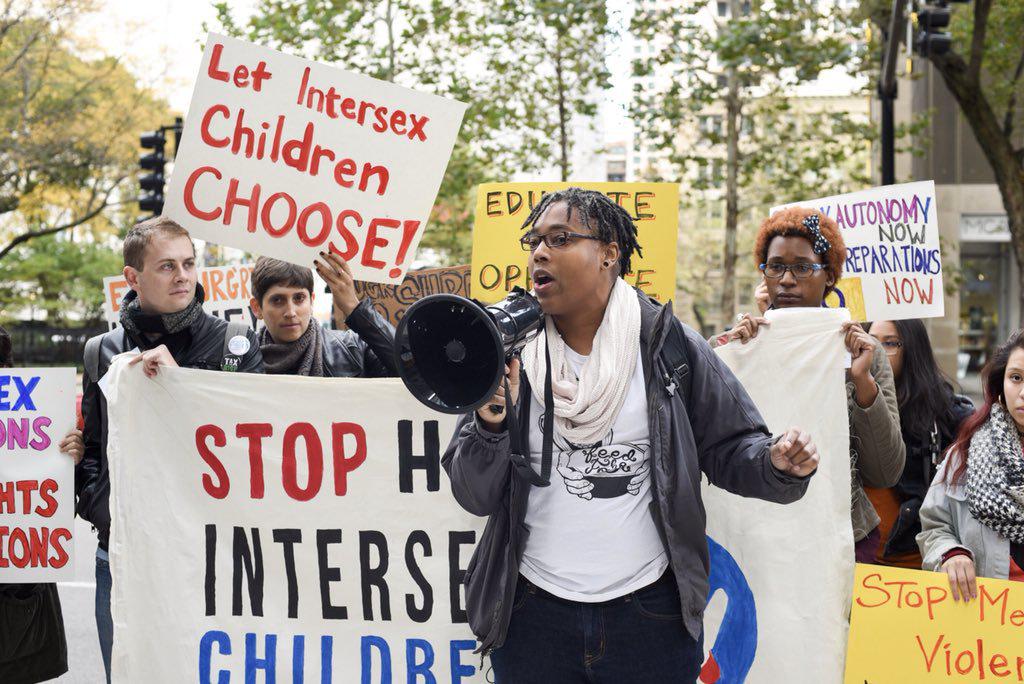 Intersex activist Sean Saifa Wall protests outside Lurie Children’s Hospital in Chicago for Intersex Awareness Day on October 26, 2017. 