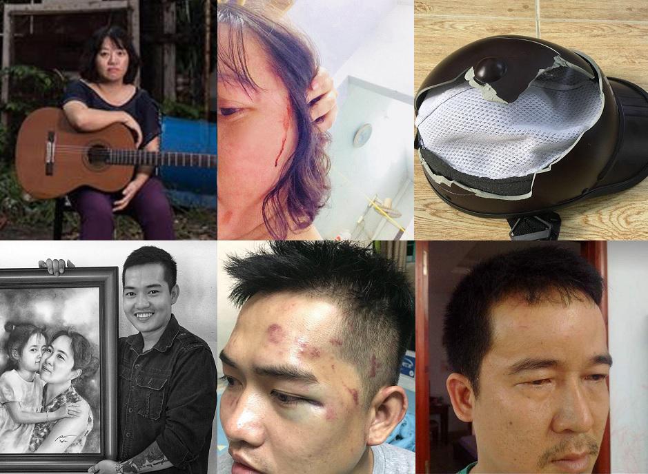Row 1: Pham Doan Trang before and after the attack, and the broken helmet that was thrown by the side of the road after the beating  Row 2: Nguyen Tin in a fund-raising event for political prisoner Nguyen Ngoc Nhu Quynh ("Mother Mushroom") and after the a