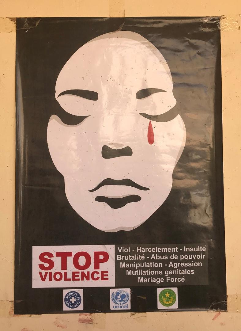 Awareness-raising poster in French on gender-based violence sponsored by the UN Children's Fund, Doctors of the World and the Mauritanian government, displayed at a support center for women and girl survivors of gender-based violence.