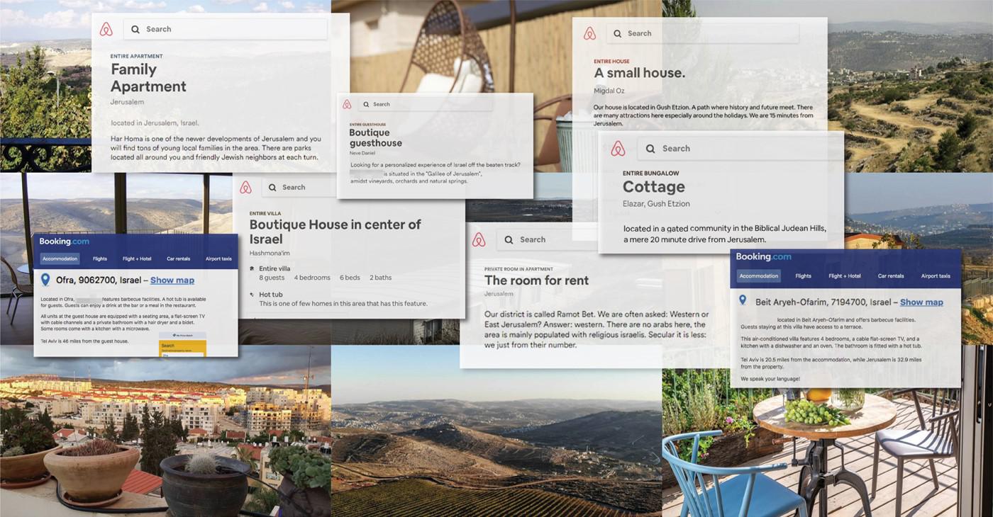 Listings by the global travel companies Airbnb and Booking.com for properties in unlawful Israeli settlements in the occupied West Bank.