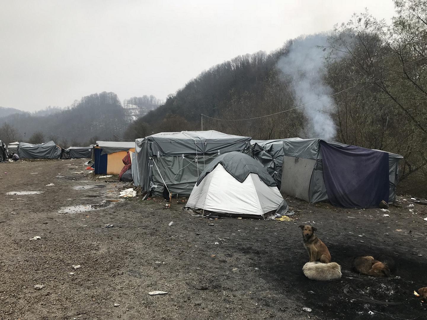 Tent camp on outskirts of Velika Kladusa, Bosnia Herzegovina, close to Croatian border, where migrants including asylum seekers sleep rough. November 21, 2018.