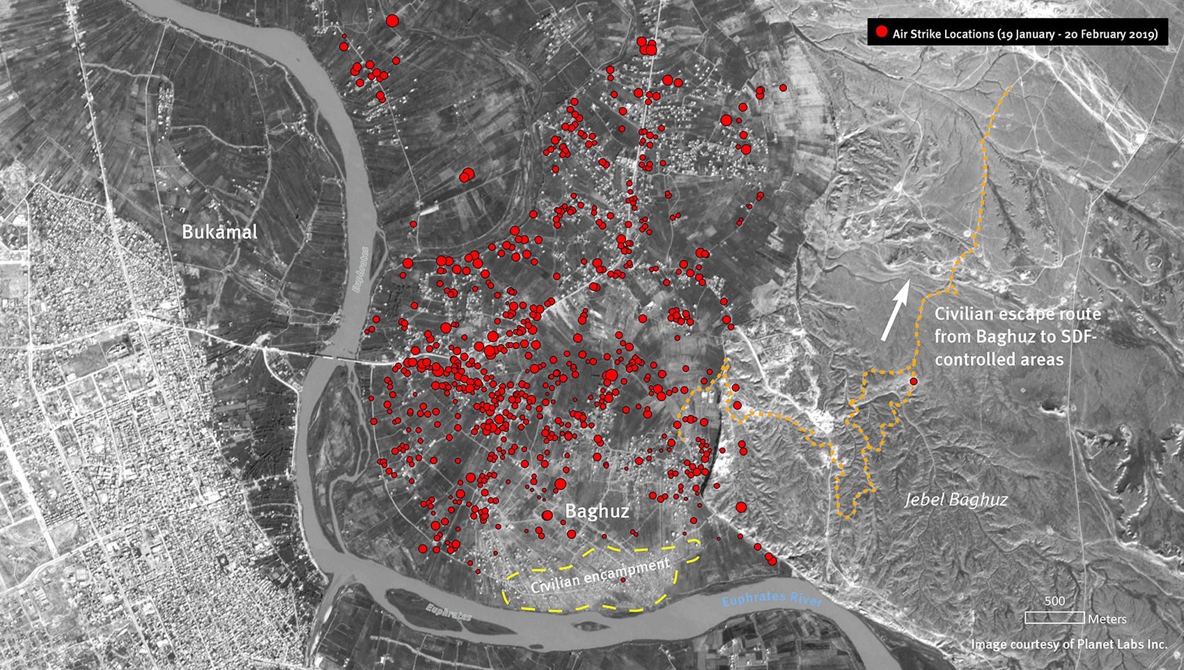 Satellite-analysis of US-led coalition air strike locations in Baghuz (19 January - 20 February 2019)