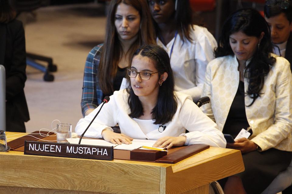 A young woman speaking at the UN Security Council