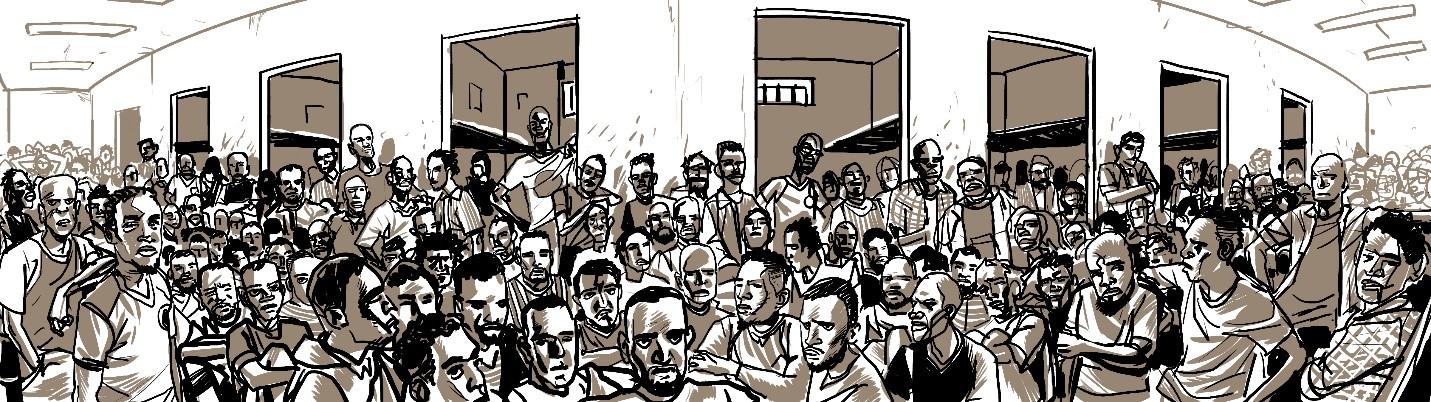 رسم فني لقسم الرجال المكتظ في مركز احتجاز زوارة، زوارة.