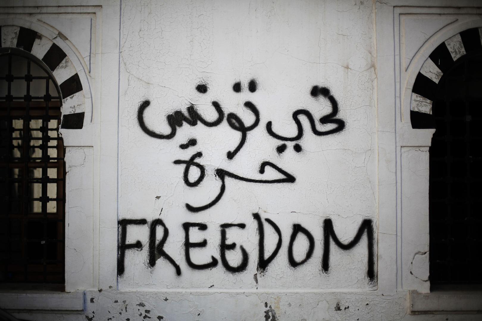 Revolutionary graffiti adorns a wall of the Prime Minister's office in Tunis, January 22, 2011. 