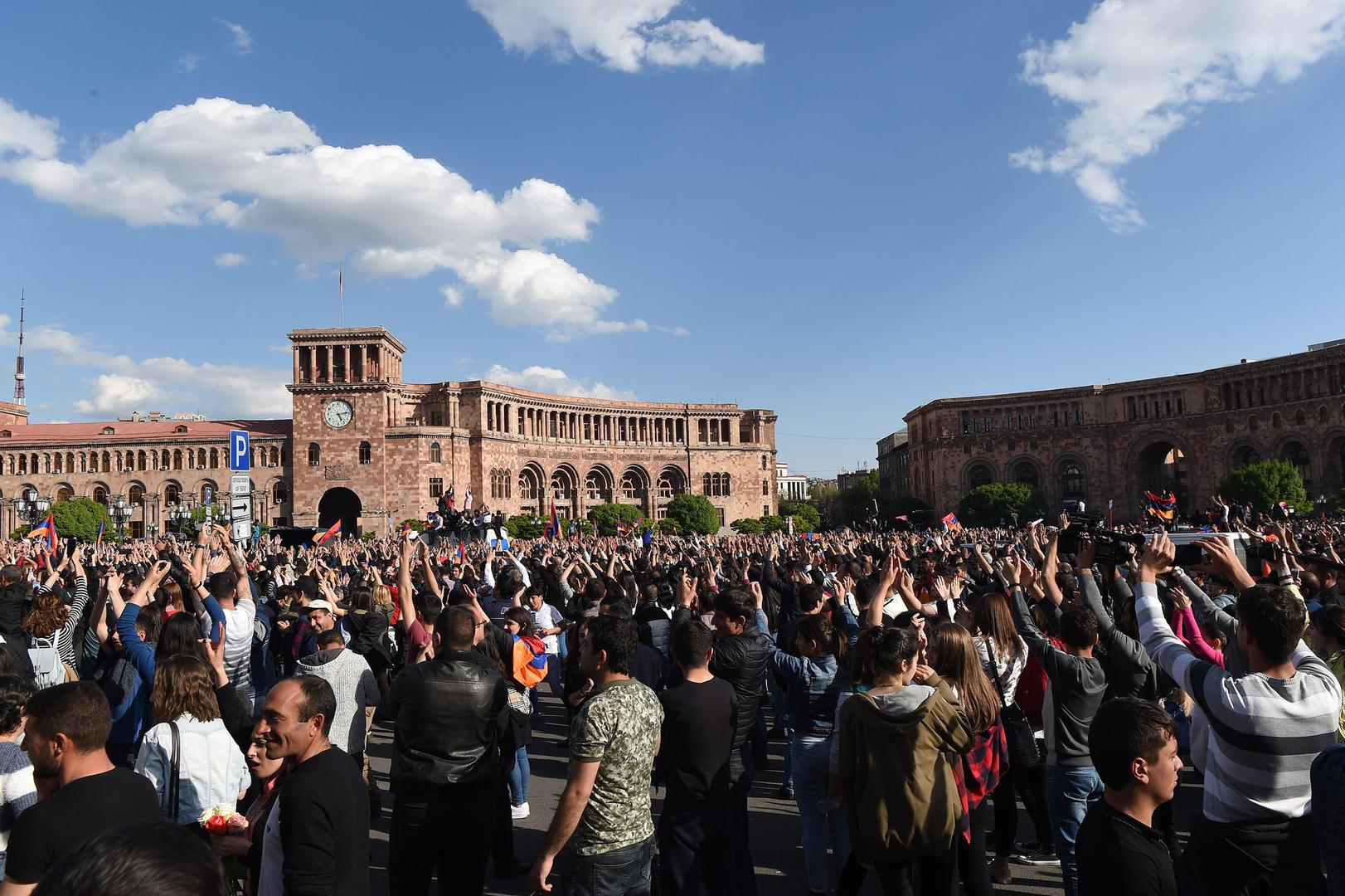 People celebrating Armenian prime -minister Serzh Sarkisyan’s resignation after days of protests.