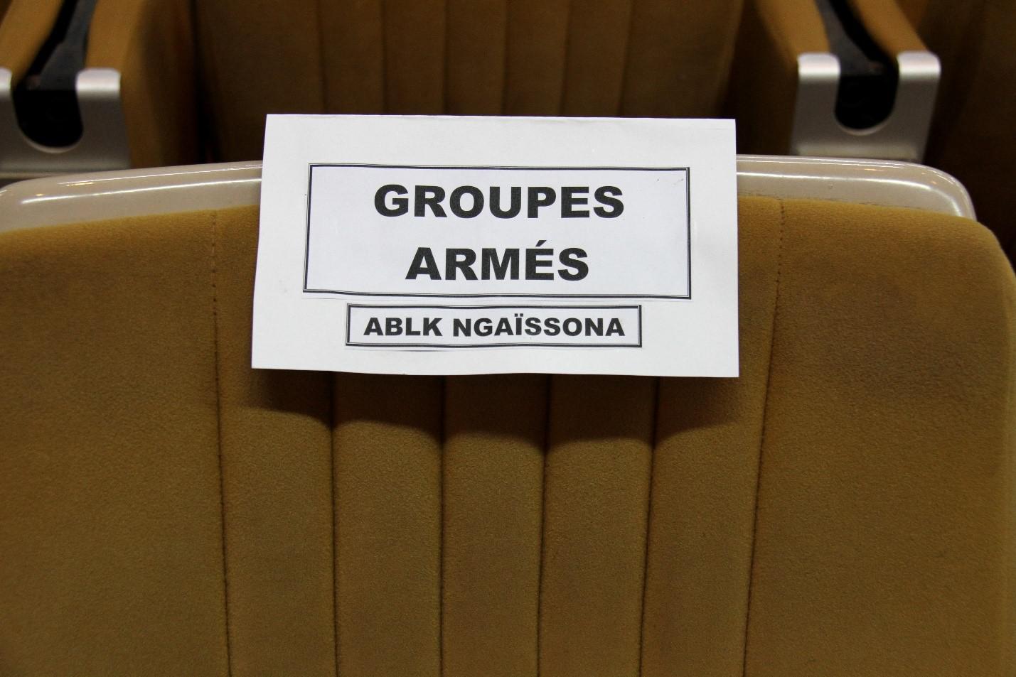 Designated seat for the representative of Patrice Edouard Ngaïssona’s anti-balaka faction at the peace deal signing ceremony in Bangui on February 6. On December 12, 2018 Ngaïssona was arrested in France to face International Criminal Court charges. He is