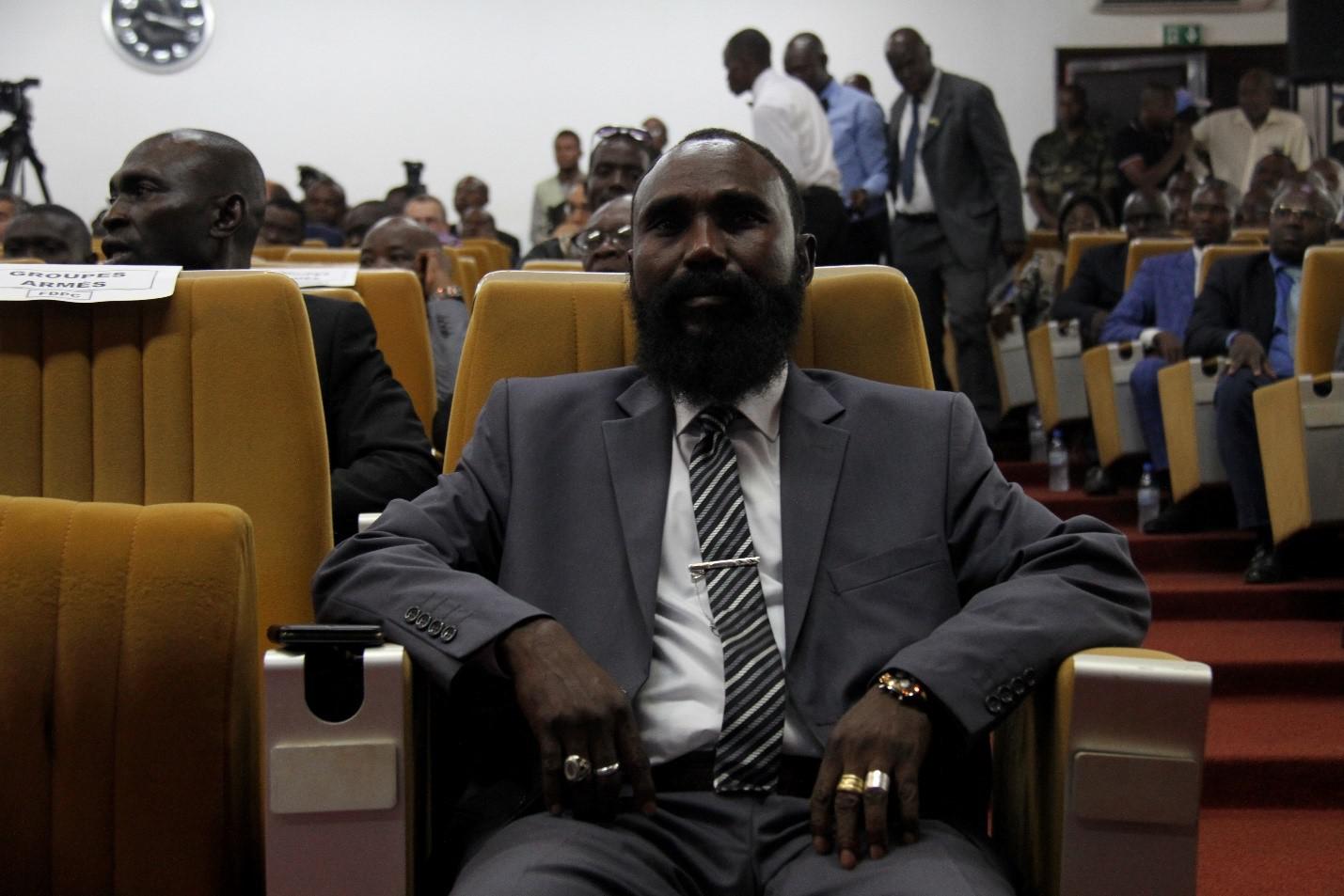 Mahamat Al Khatim, commandant du Mouvement Patriotique pour la Centrafrique (MPC), lors de la cérémonie de signature de l’accord de paix à Bangui le 6 février 2019. De 2015 à 2018, les combattants du MPC ont commis des abus qui pourraient constituer des c