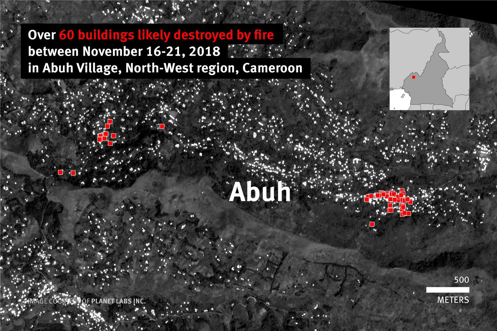 Over 60 buildings likely destroyed by fire between November 16-21, 2018 in Abuh Village, North-West region, Cameroon.