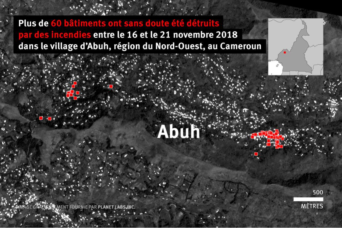 Image satellite montrant plus de 60 bâtiments qui ont été détruits à Abuh, dans la région du Nord-Ouest au Cameroun, entre le 16 et le 21 novembre 2018.