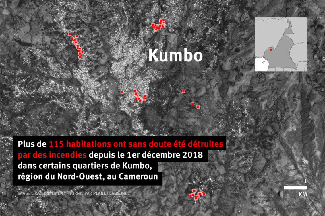 Image satellite montrant plus de 115 maisons qui ont été détruites à Kumbo, dans la région du Nord-Ouest au Cameroun, depuis le 1er décembre 2018.