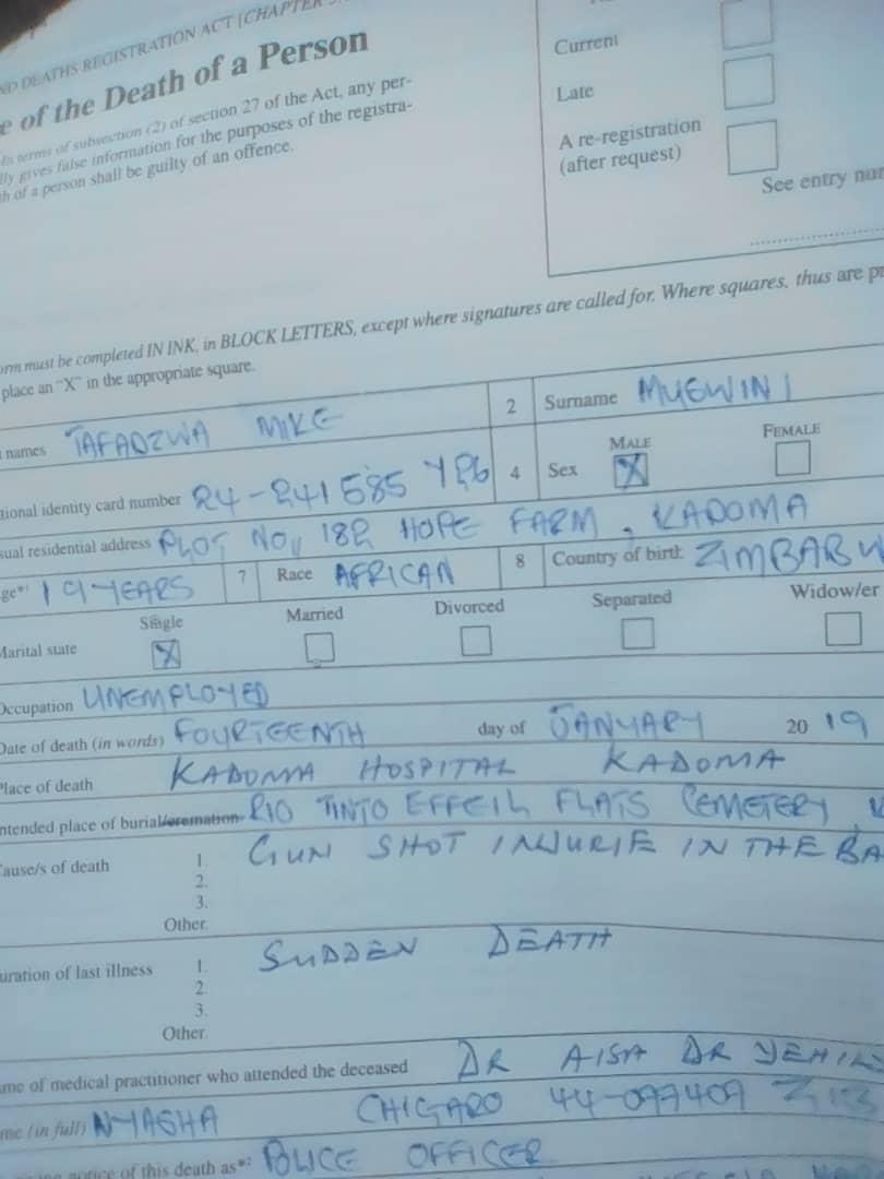 Copy of Notice of Death for Tafadzwa Mike Muswini provided to Human Rights Watch. Muswini died from gunshot injuries in the back on January 14, 2019, in Kadoma. 
