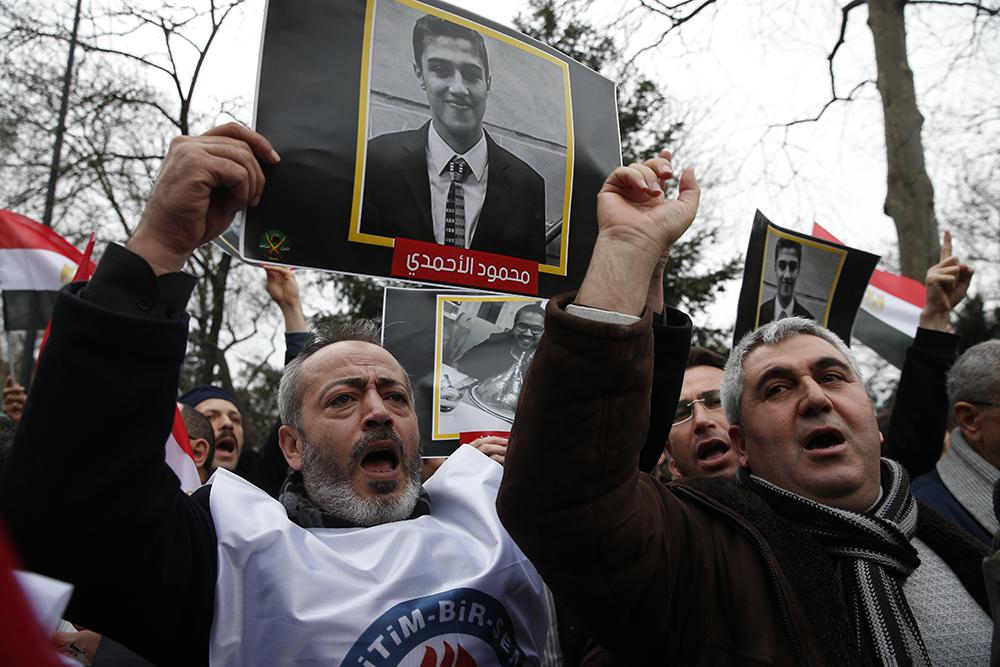 Demonstrators chant slogans during a protest against the execution in Egypt of nine suspected Muslim Brotherhood members convicted of involvement in the 2015 assassination of the country's top prosecutor, in front of Egypt's consulate in Istanbul, Saturda