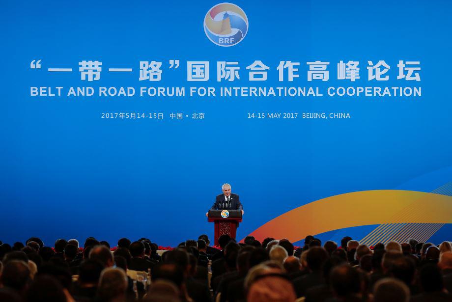 Czech Republic's President Milos Zeman speaks during the inaugural Belt and Road Forum for International Cooperation in Beijing Sunday, May 14, 2017. (Lintao Zhang/Pool Photo via AP)