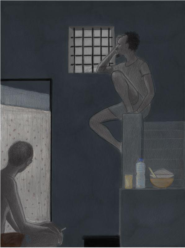 Un autoportrait du caricaturiste équato-guinéen Ramón Esono Ebalé, le montrant assis près de la petite fenêtre à barreaux de sa cellule dans la prison de Playa Negra, où il a été incarcéré durant six mois en 2018.