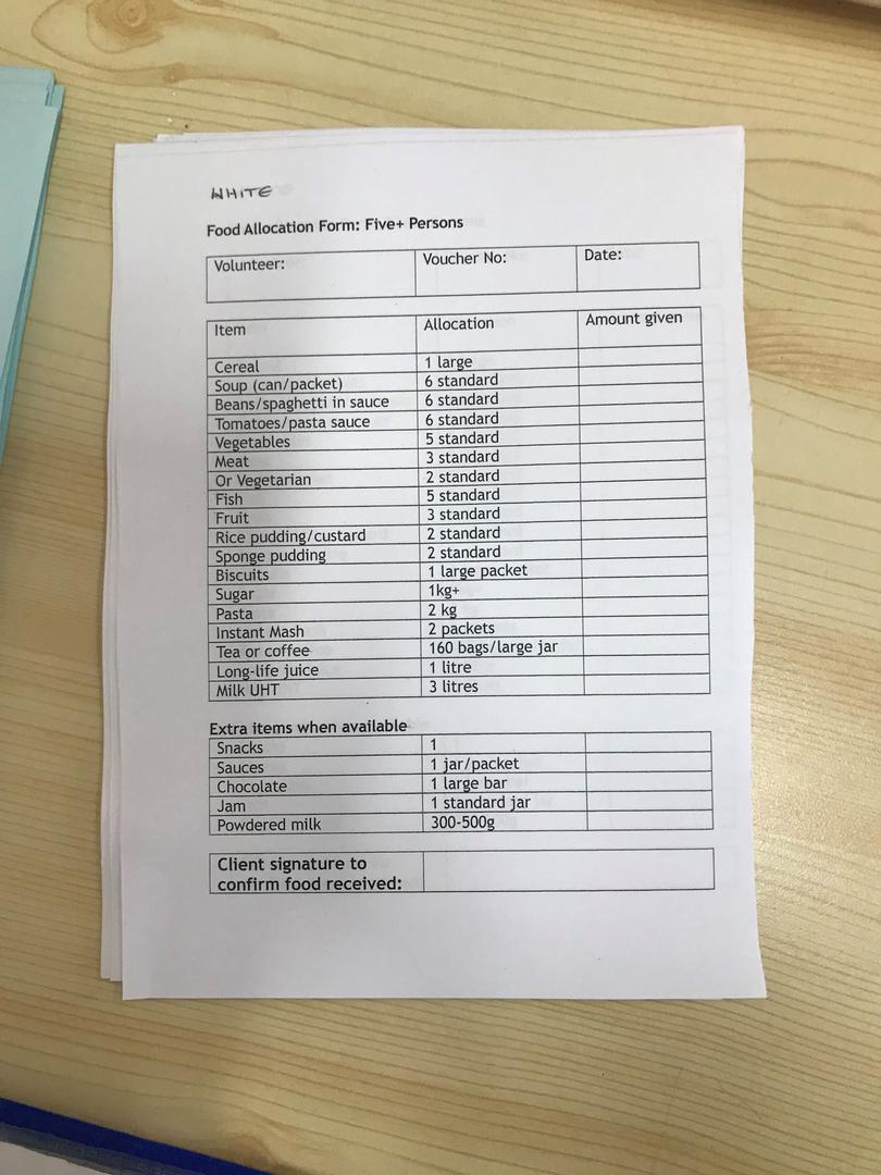 Food bank distribution forms at Ely Food Bank, Cambridgeshire, February 2018. Volunteers make up three day emergency supply parcels for food bank users based on the size of the family unit. +Detail of what a three-day emergency supply for a “large family"