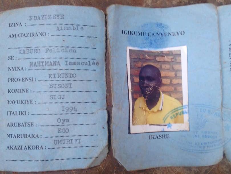 ID card of a member of the Congrès national pour la liberté (CNL) killed in Kirundo province, Burundi, in March 2019.