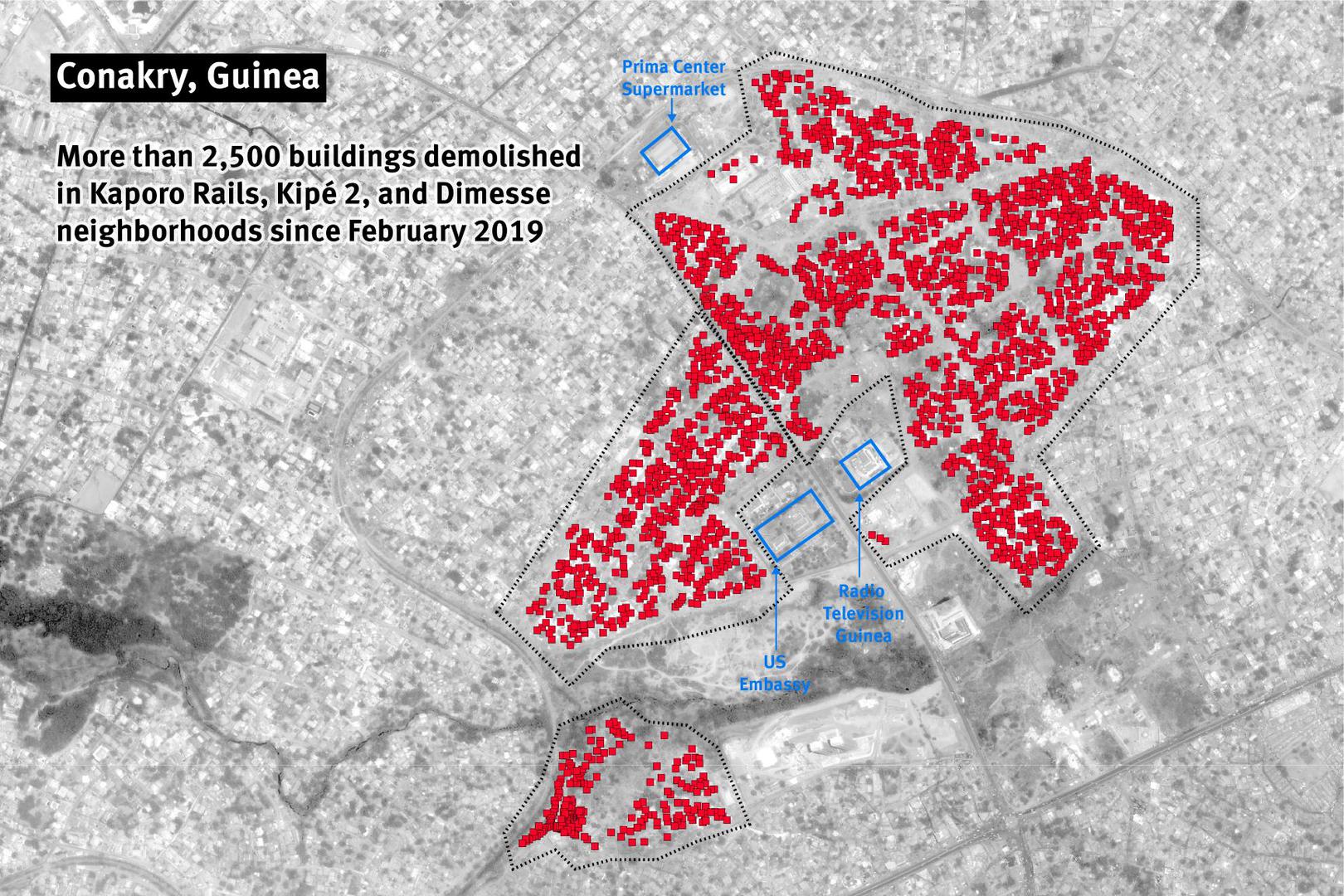 More than 2,500 buildings demolished in Kaporo Rails, Kipe 2, and Dimesse neighborhoods since February 2019.