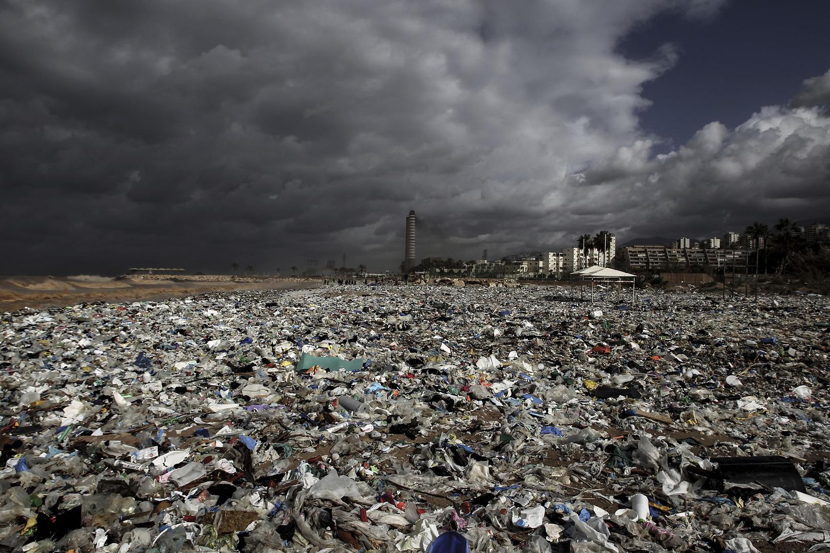A beach where a heavy winds and strong waves washed ashore piles of garbage in Keserwan, north of Beirut, Lebanon, on 23 January 2018. 