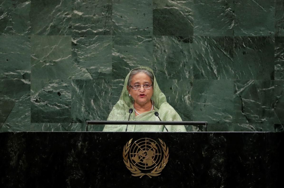Bangladesh's Prime Minister Sheikh Hasina addresses the 73rd session of the United Nations General Assembly Thursday, Sept. 27, 2018, at the United Nations headquarters. 