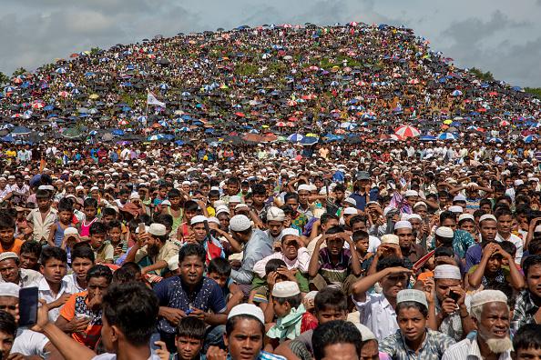 Rohingya refugees gather in the open field at kutupalong refugee camp to commemorate the second anniversary of the 2017 crisis when they were forced to flee from their northern Rakhine state homes in Myanmar escaping a brutal military crackdown. According