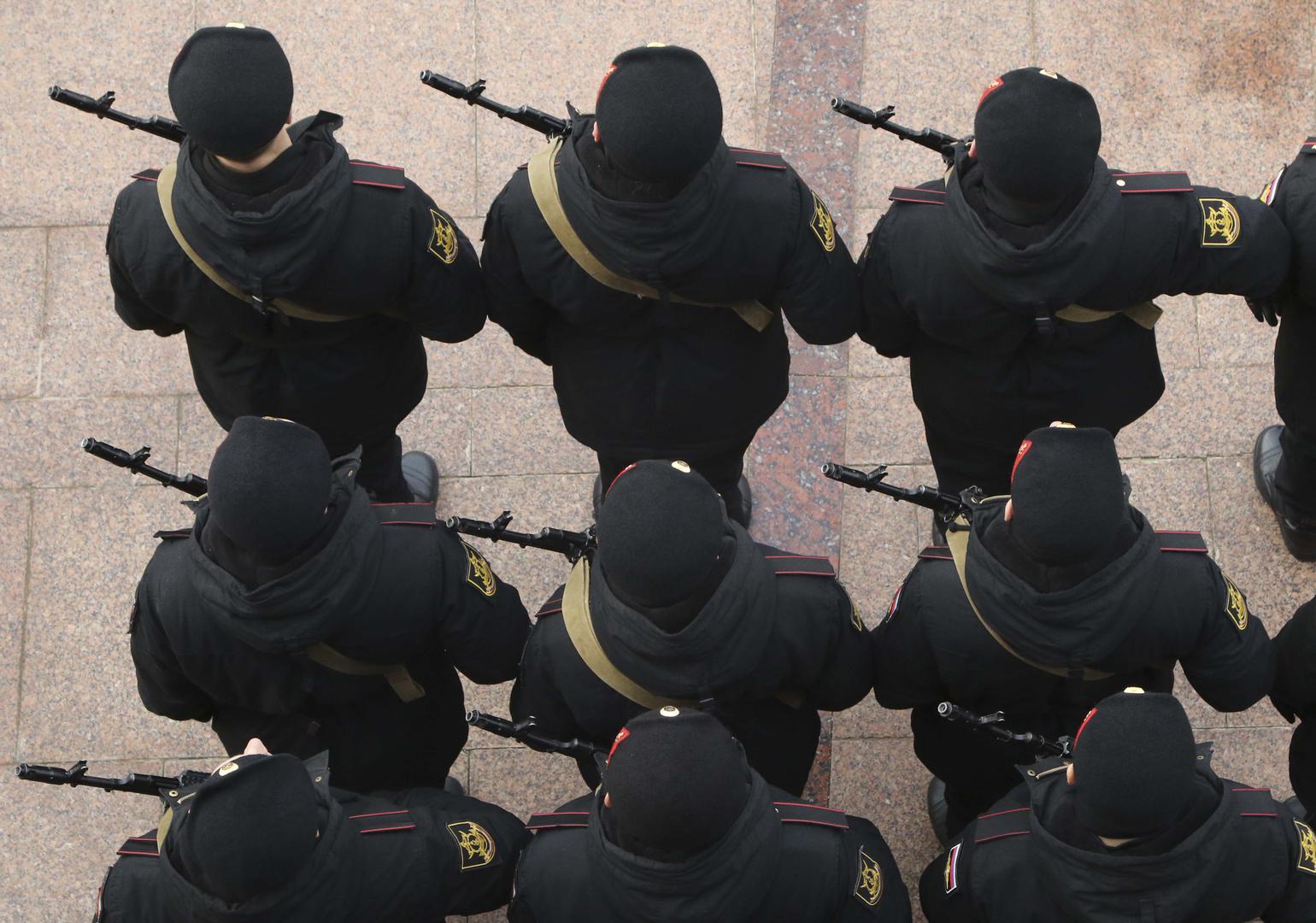 Russian Marine Corps conscripts stand in formation as they take the oath in the Black Sea port of Sevastopol.