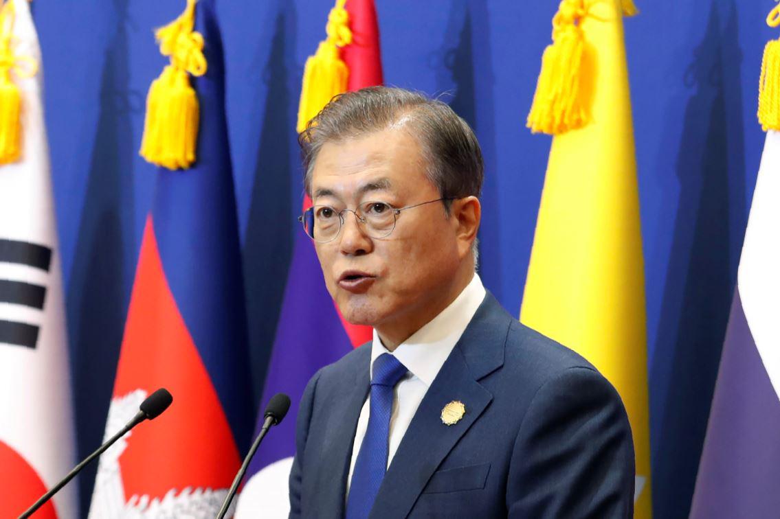 South Korean President Moon Jae-in speaks during a joint press statement briefing at the First Mekong-Republic of Korea Summit in Busan, South Korea, Wednesday, November 27, 2019. 