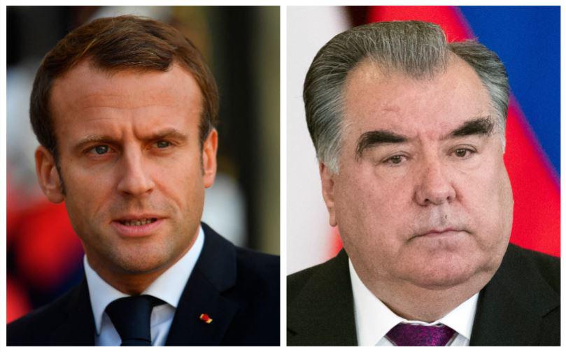 French President Emmanuel Macron (L) and Tajikistan Peesident Emomalii Rahmon.