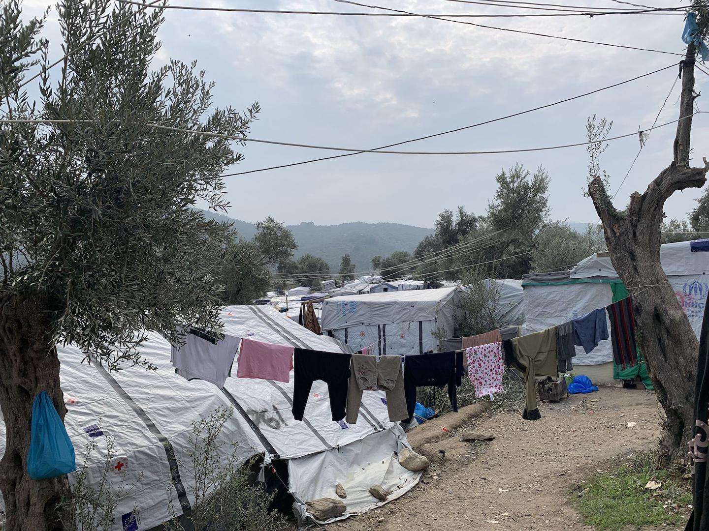 Makeshift tents in the Olive Grove, a rocky hillside outside Moria where people set up their own tents for shelter. 