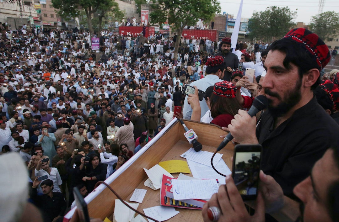 Manzoor Pashteen, a leader of the Pashtun Tahafuz Movement (PTM), addresses supporters during a rally in Lahore, Pakistan, April 22, 2018.