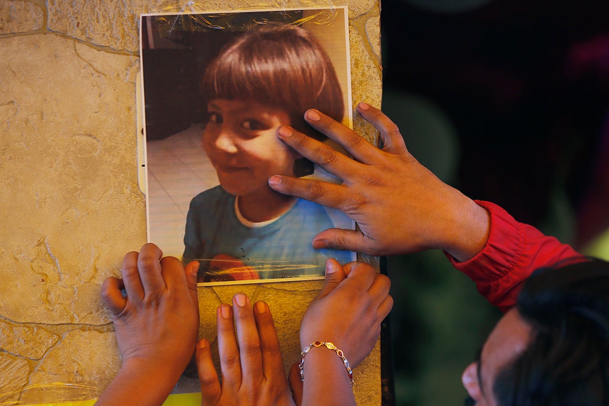 Relatives post a photo of Fatima, a 7-year-old girl who was abducted from the entrance of the Enrique C. Rebsamen primary school and later murdered, at her home in Mexico City, February 17, 2020.