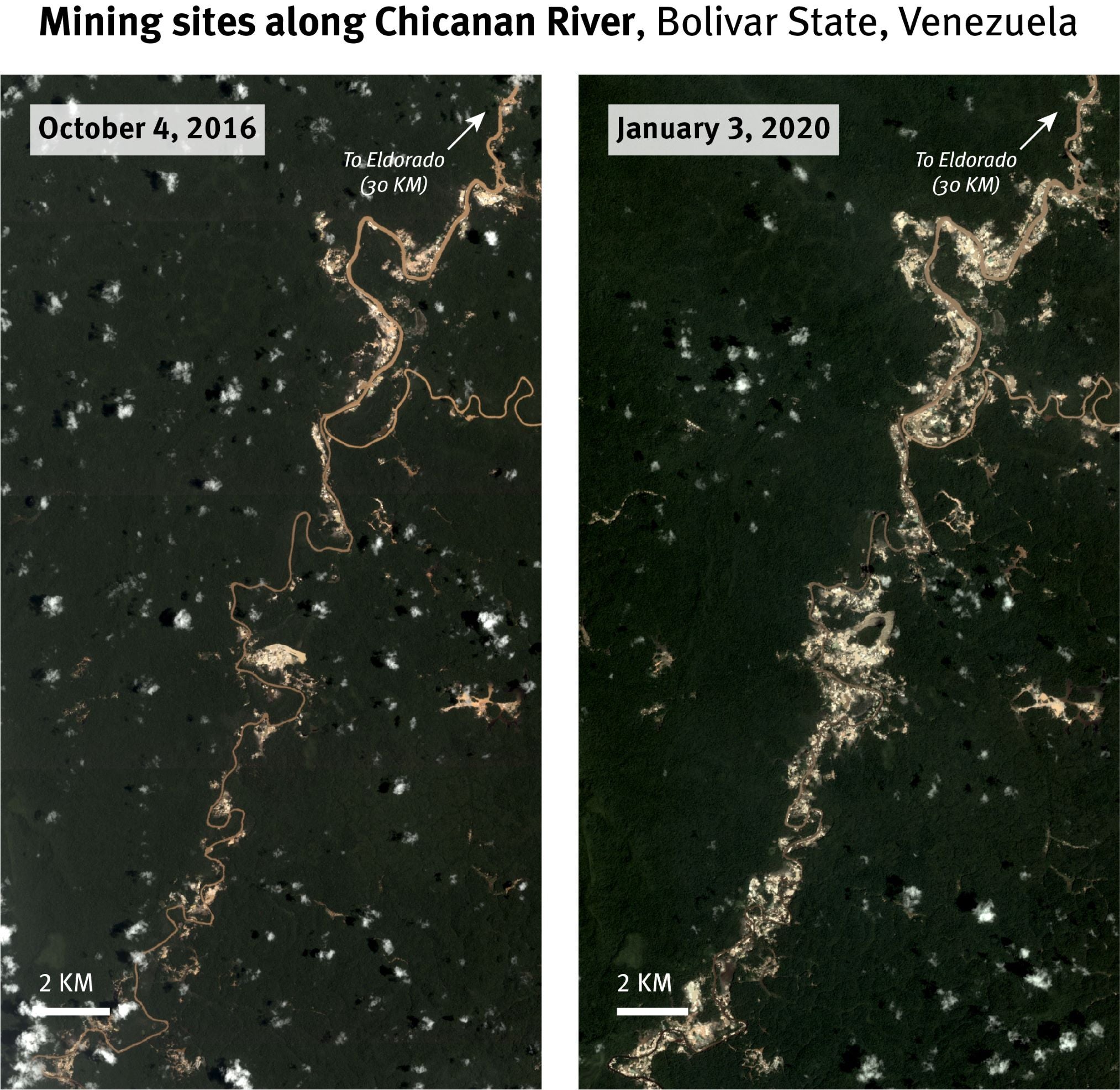 Las imágenes satelitales muestran un aumento considerable de la cantidad de minas y su extensión a lo largo del río Chicanan en el estado Bolívar, Venezuela, desde 2016. 