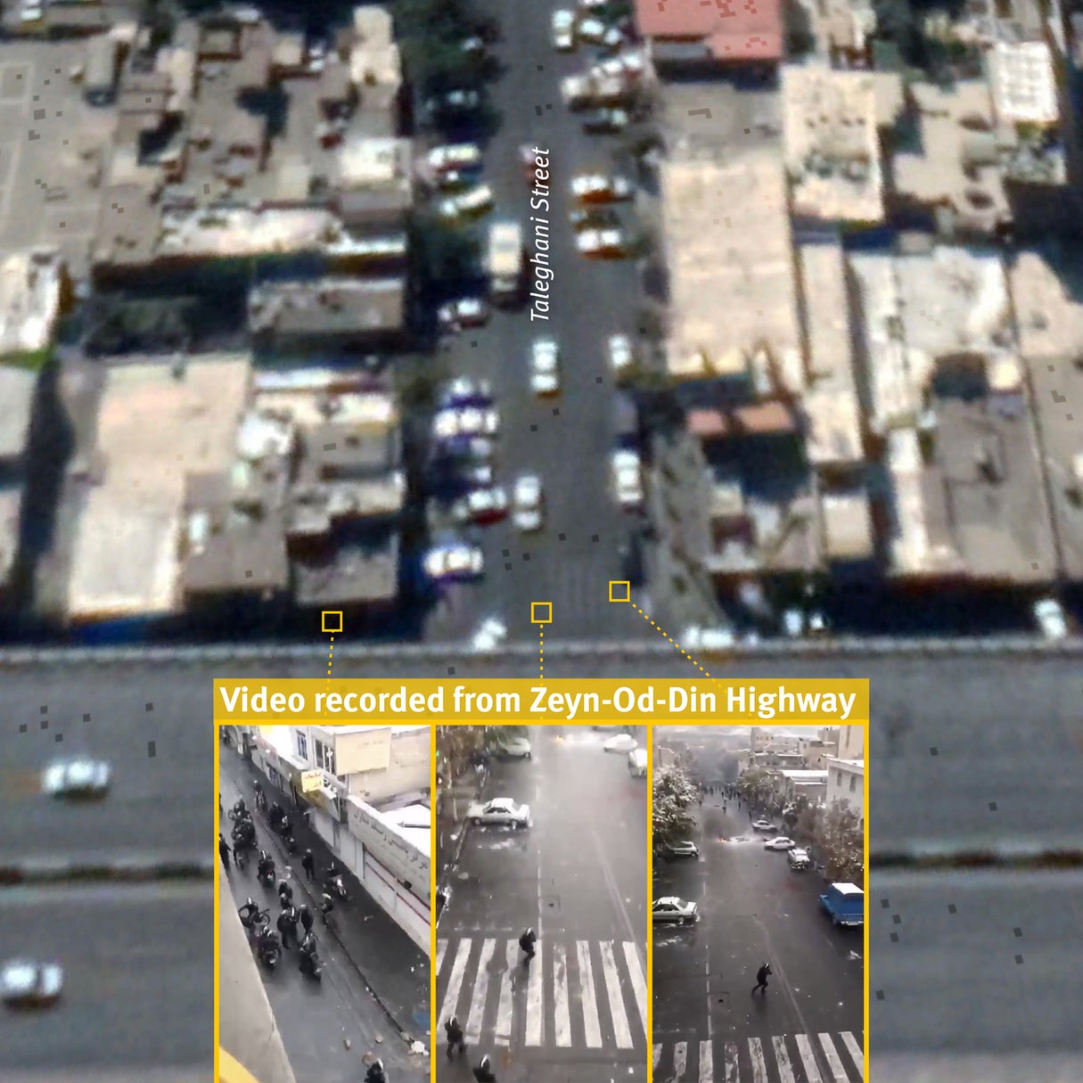 تصویر ماهواره‌ای خیابان طالقانی تهران گرفته شده در ۲۶ سپتامبر ۲۰۱۹ و لحظاتی از یک ویدیوی ضبط‌شده در این موقعیت که در ۱۷ نوامبر در شبکه‌های اجتماعی منتشر شد. ویدیو نیروهای امنیتی جمع‌شده در یک خیابان فرعی، و ورود یکی از آنها به خیابان طالقانی 