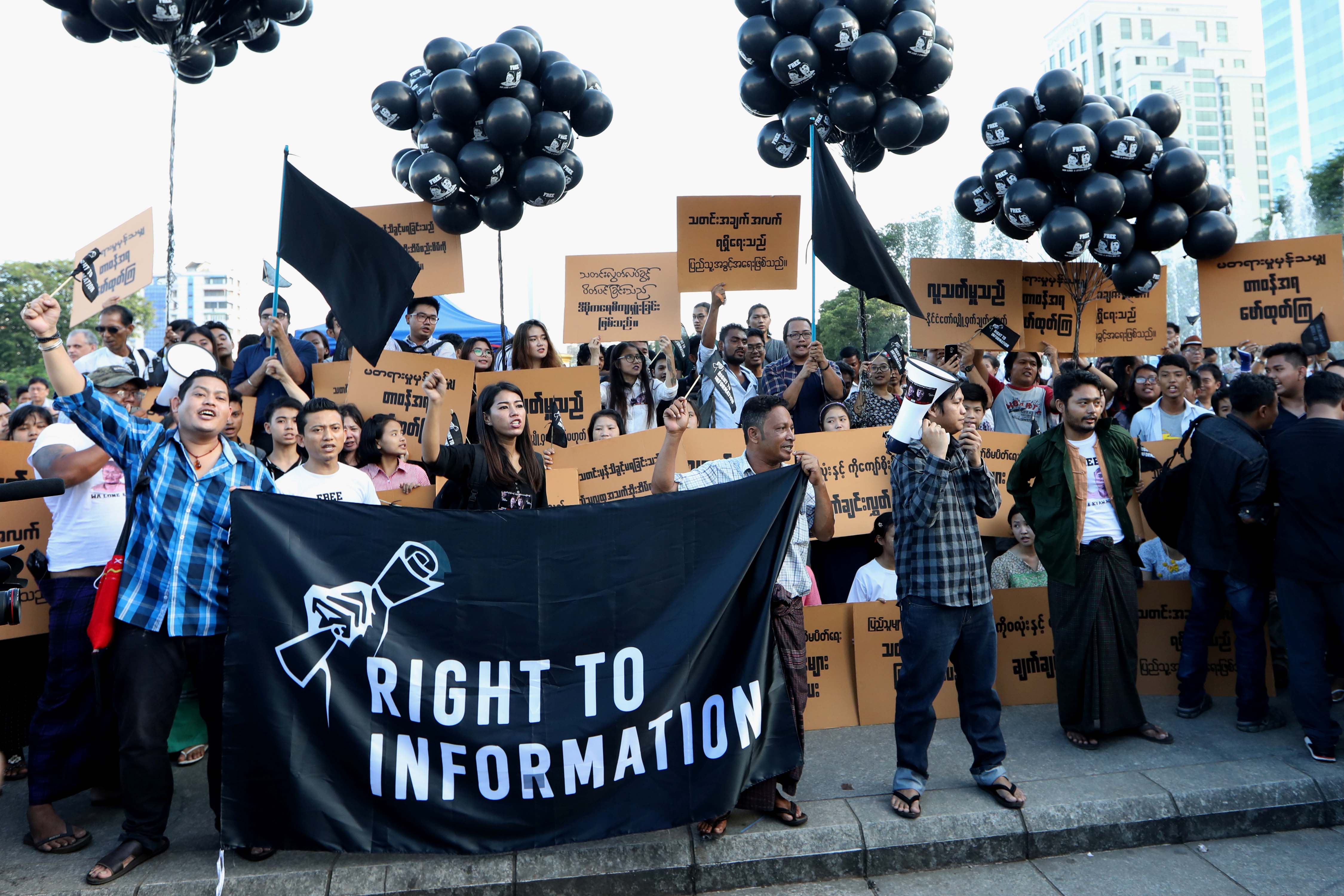 Myanmar press freedom and youth activists demonstrate for the release of two jailed Reuters journalists, Wa Lone and Kyaw Soe Oo, in Yangon, Myanmar, September 16, 2018. 
