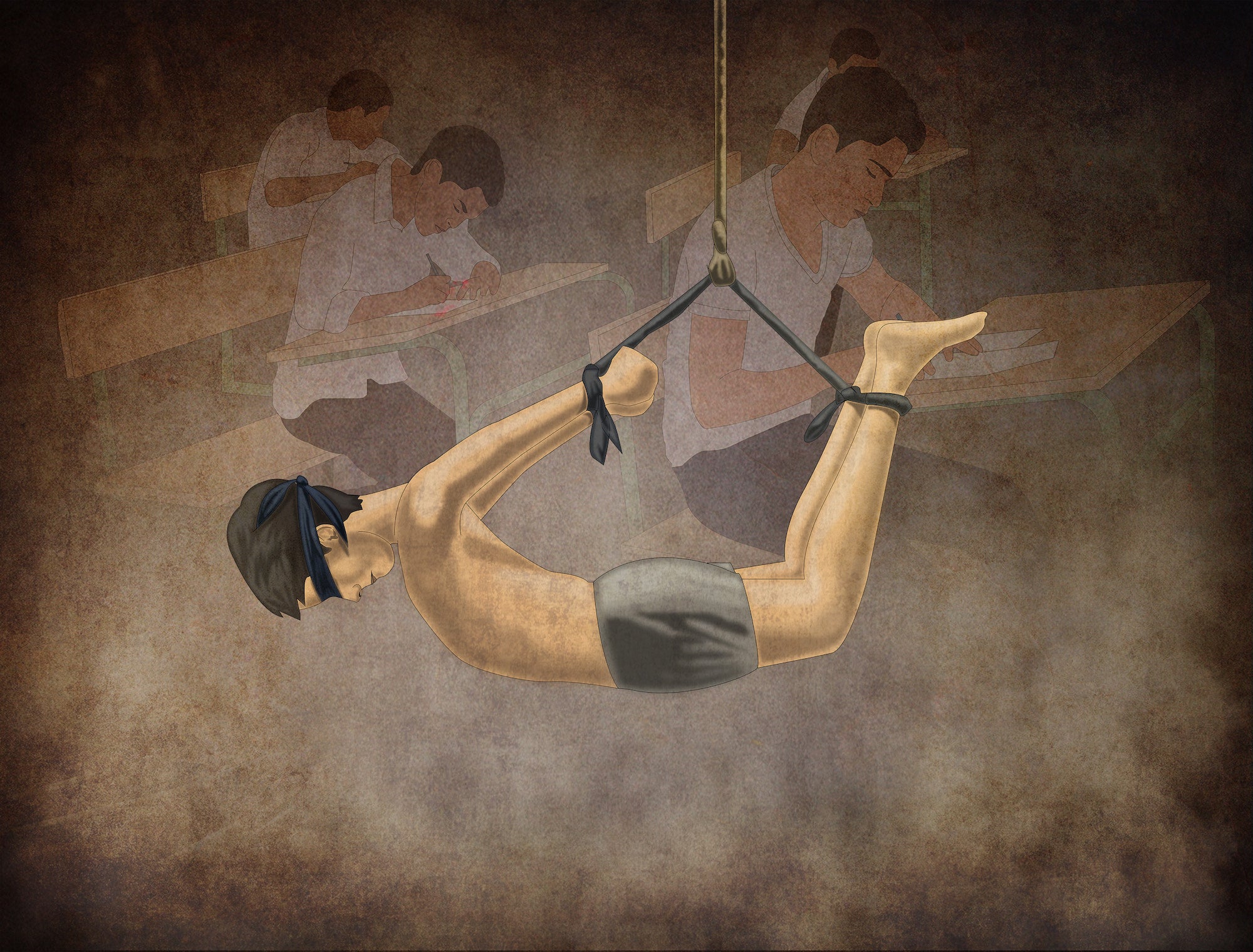 An illustration of a boy being suspended from the ceiling by his arms and feet