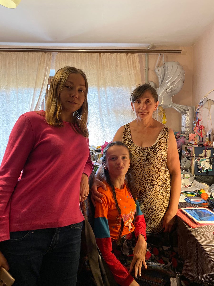 Alla and her family in their room at Sviati Hory, October 2019.