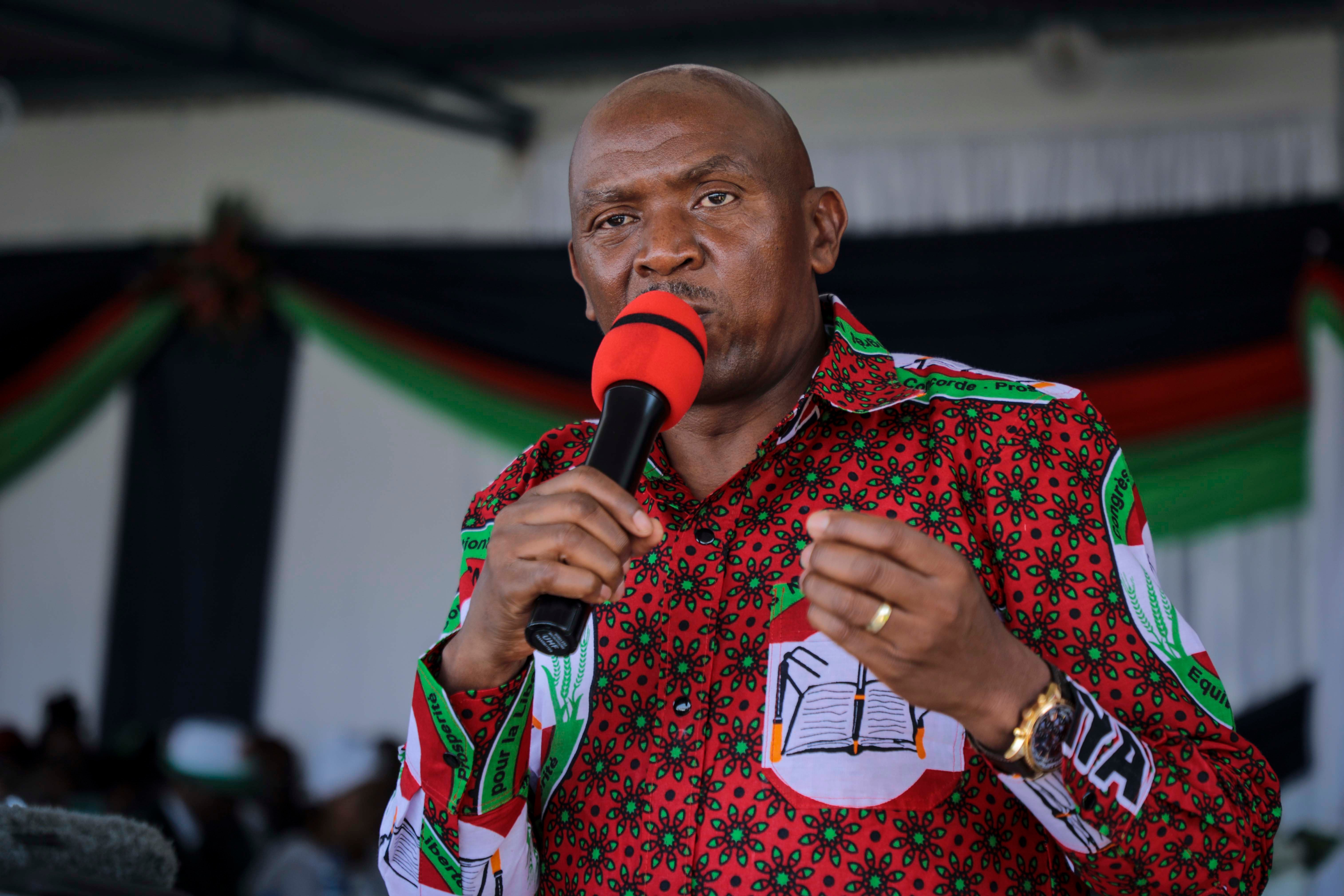 Opposition candidate Agathon Rwasa speaks at a meeting of the Congrès National pour la Liberté (National Congress for Freedom) party in Bujumbura, Burundi, on February 16, 2020.