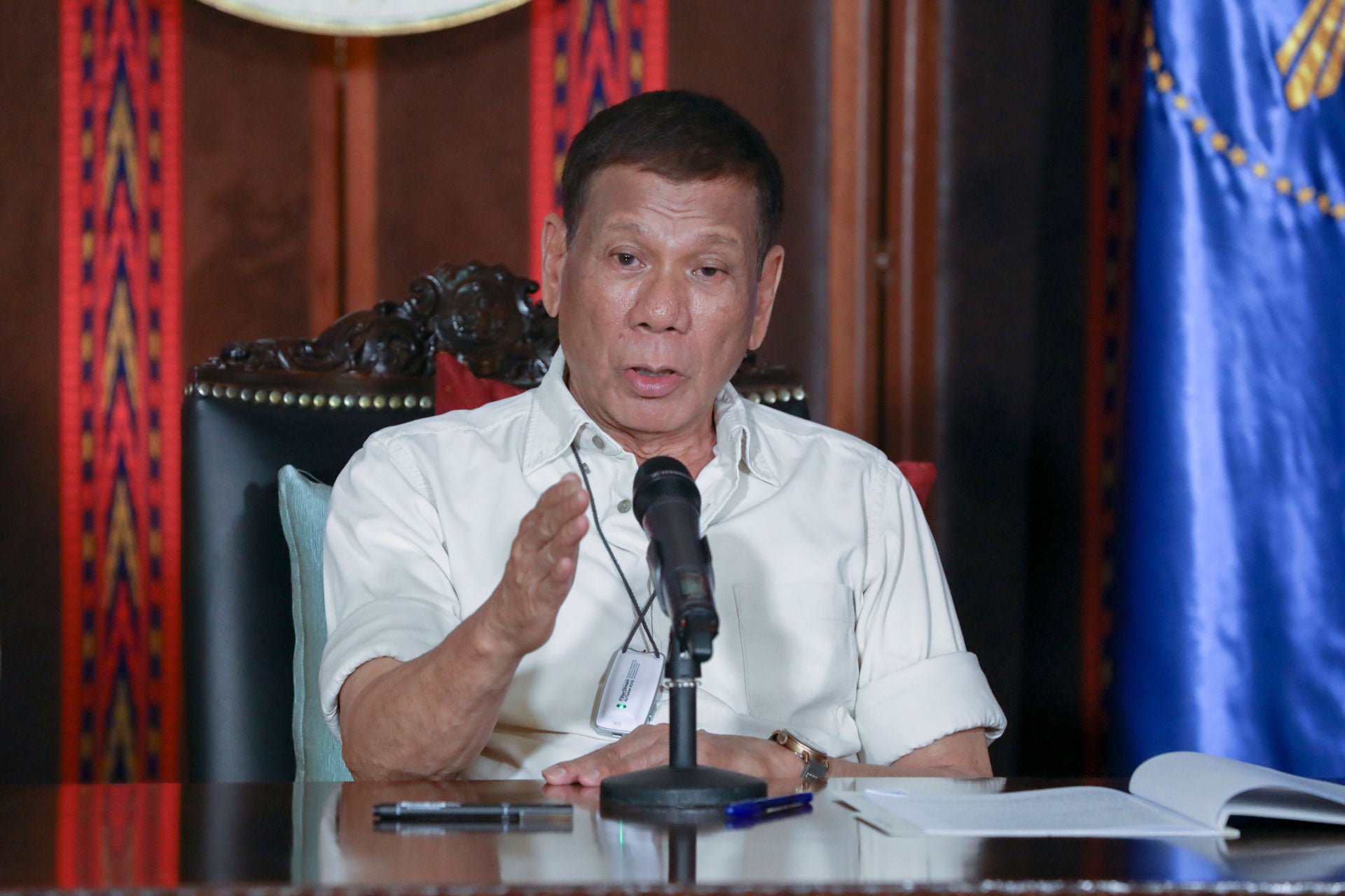 Philippine President Rodrigo Duterte speaks during a late night live broadcast in Malacanang, Manila, Philippines, April 3, 2020.